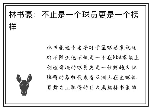 林书豪：不止是一个球员更是一个榜样